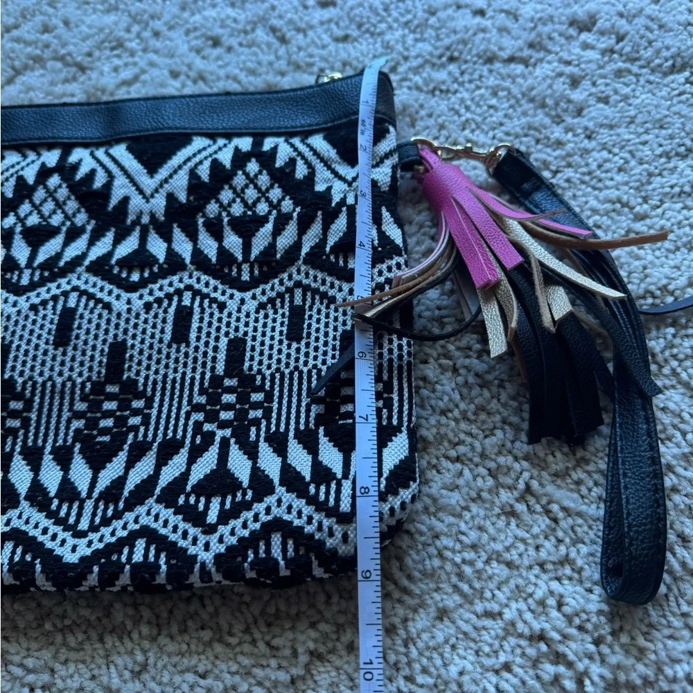 Black and White Patterned Clutch Purse with Pink Tassel Accent for Women EUC